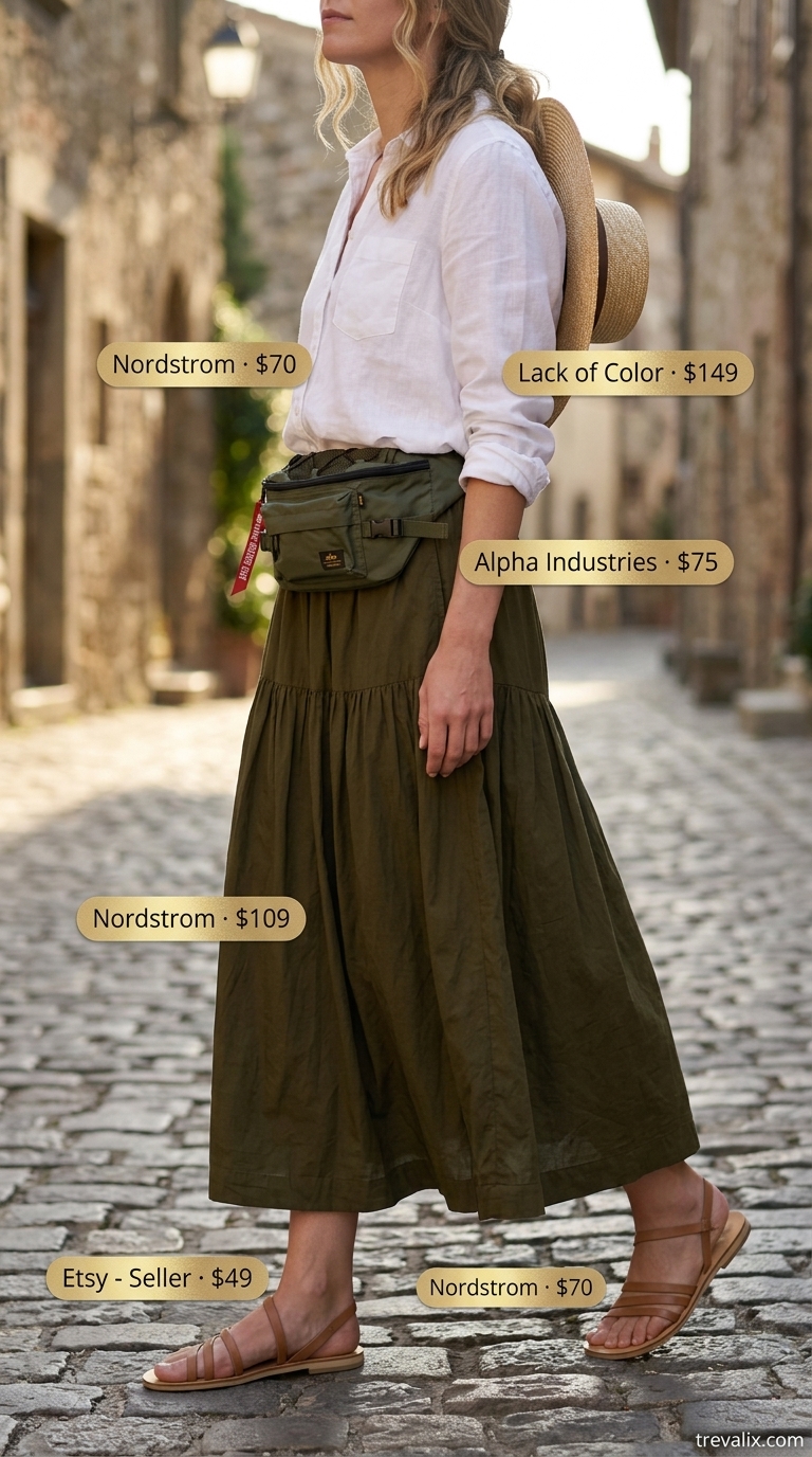 Safari Tiered Maxi Skirt Outfits Summer 2026 Tiered maxi skirt outfits summer 2026: Olive skirt, white linen shirt, straw hat, canvas belt bag.