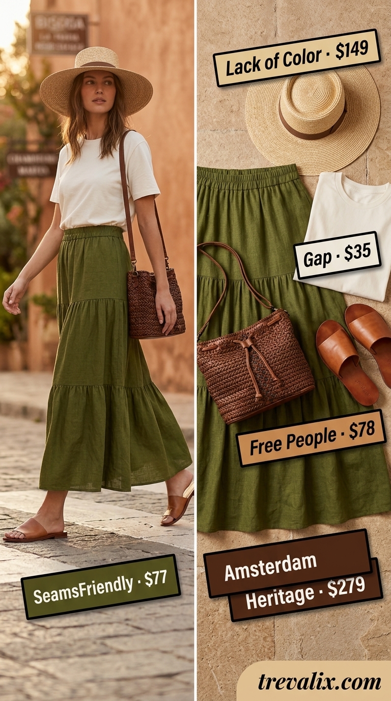 Earthy Tiered Maxi Skirt Outfits Summer 2026 Tiered maxi skirt outfits summer 2026: Olive skirt, cream tee, straw hat, woven bucket bag, slide sandals.