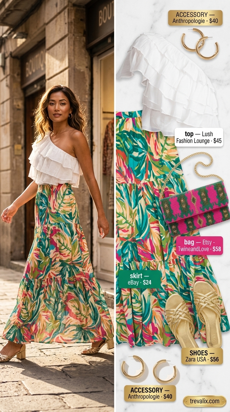 Tiered Maxi Skirt Outfits Summer 2026: Tropical Dinner Vibrant tropical print tiered maxi skirt outfit with a white crop top and gold sandals for summer 2026.