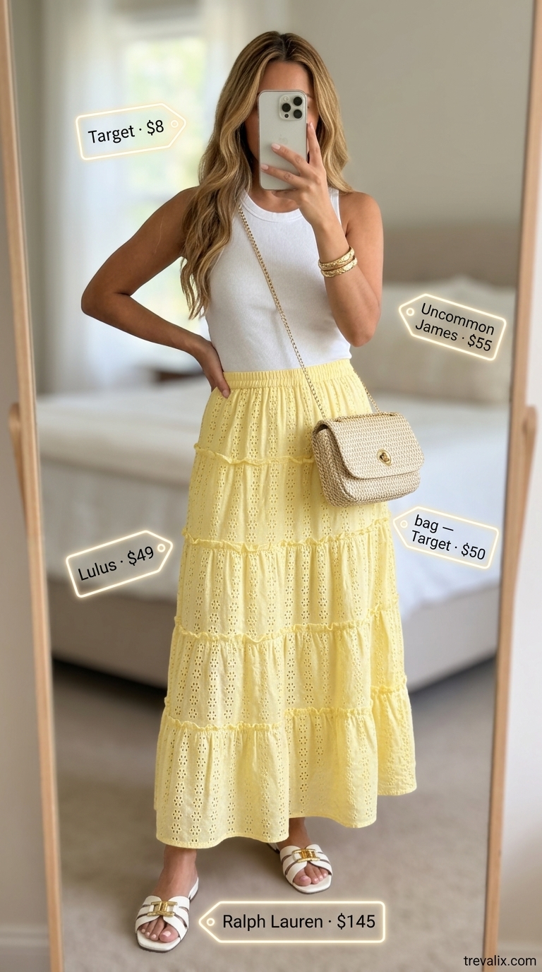 Sunny Day Outing Tiered Maxi Skirt Outfits Summer 2026 Cheerful yellow tiered maxi skirt outfit for summer 2026, with white tank, slides, and woven bag for casual outings.