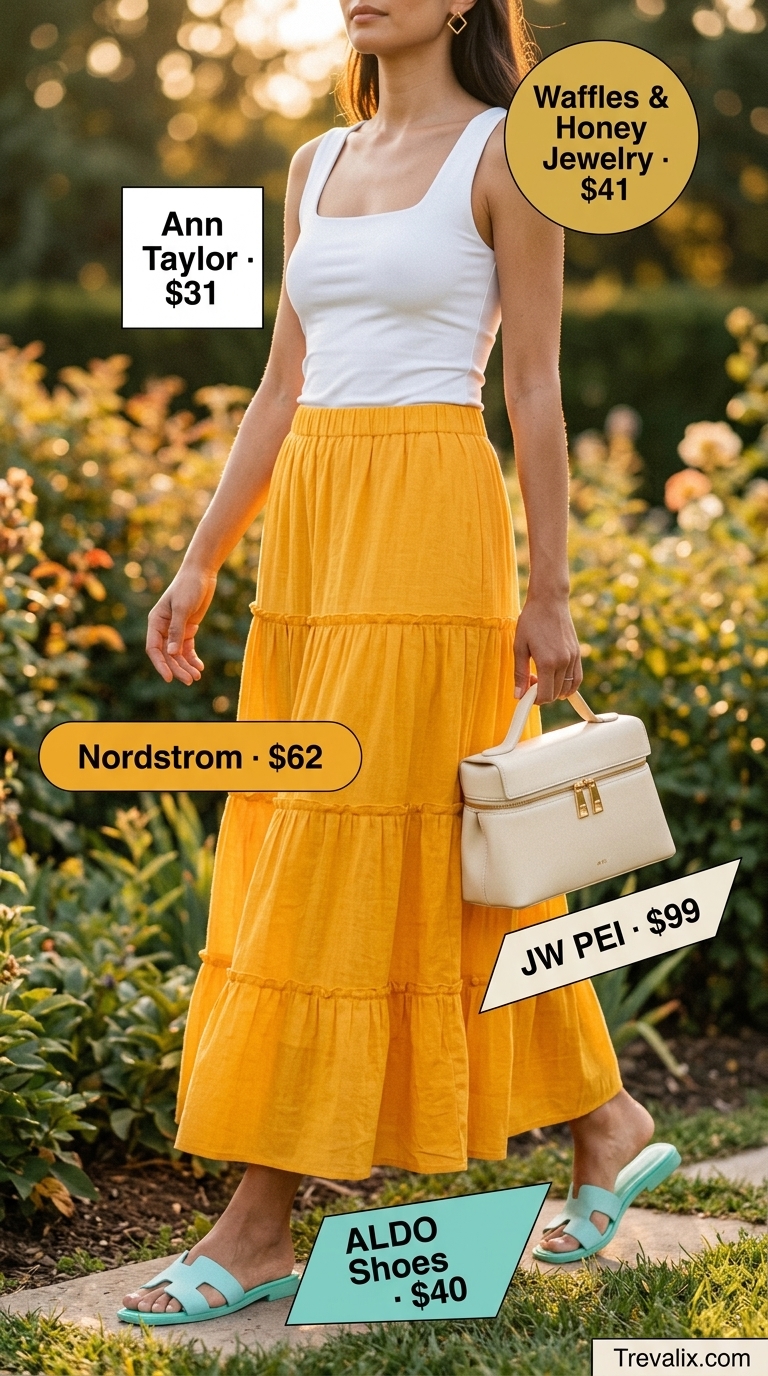 Sunny Day Sophisticate Tiered Maxi Skirt Outfits Summer 2026 Bright yellow tiered maxi skirt outfit for summer 2026, paired with white top and turquoise sandals for garden parties.