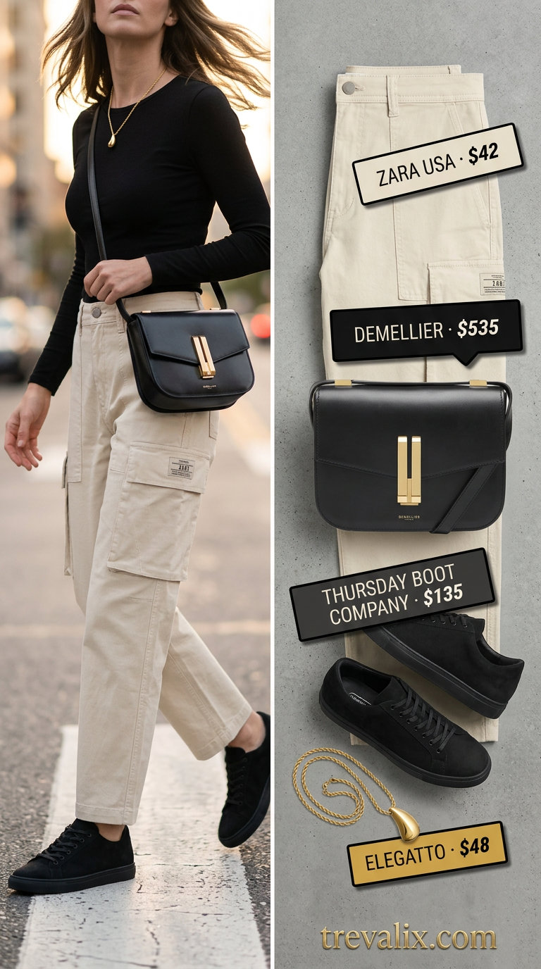 Timeless quiet luxury summer outfits for women 2026: Cream cargo pants with black bodysuit and sneakers.