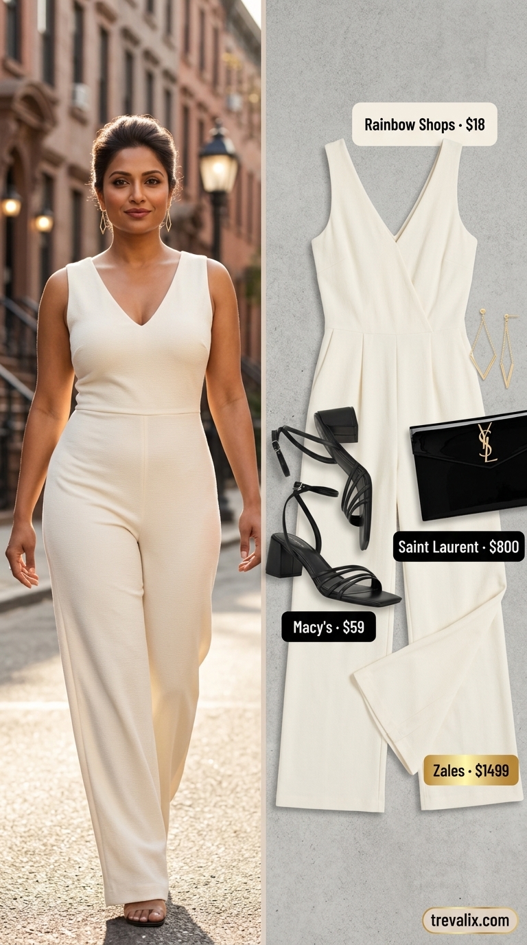 Timeless quiet luxury summer outfits for women 2026: Taupe wide-leg jumpsuit for evening events.