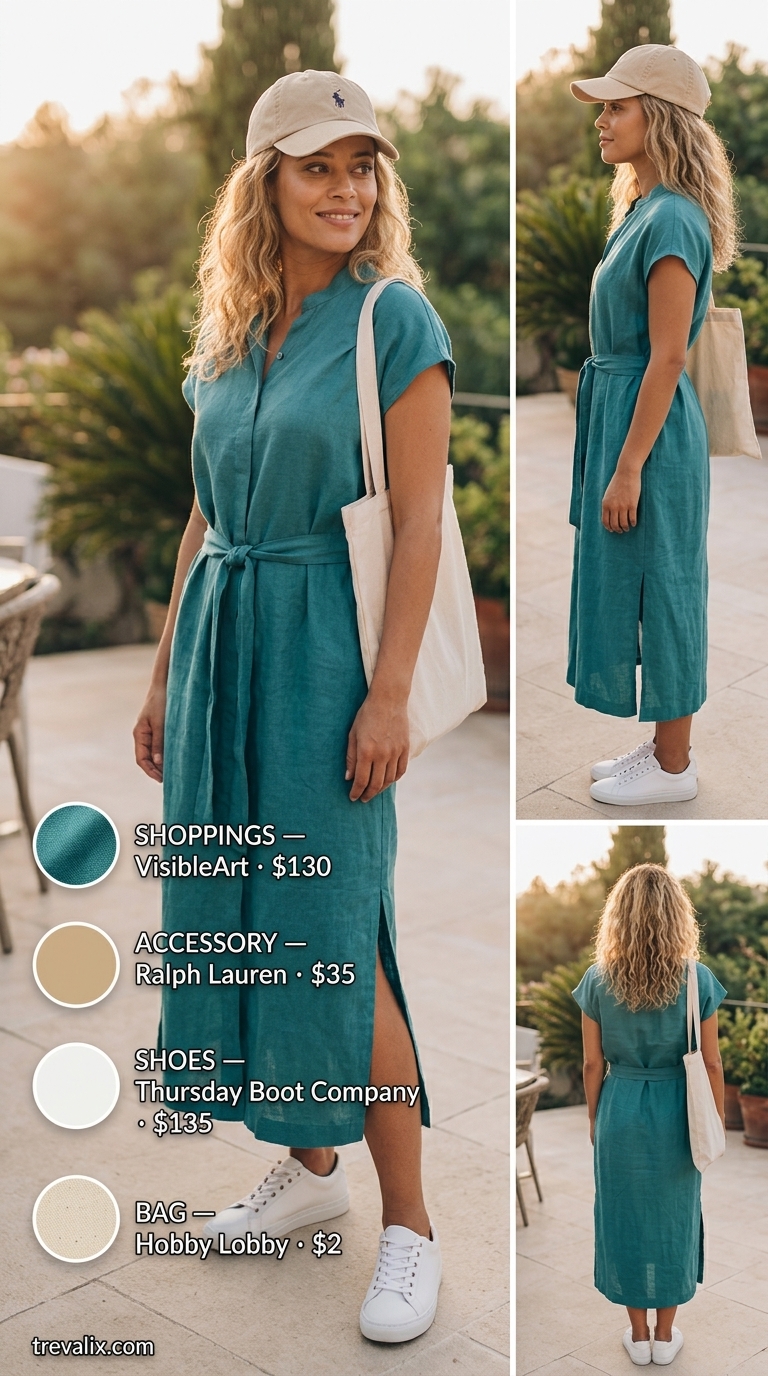 Timeless quiet luxury summer outfits for women 2026: Olive green linen shirtdress with sneakers and cap.
