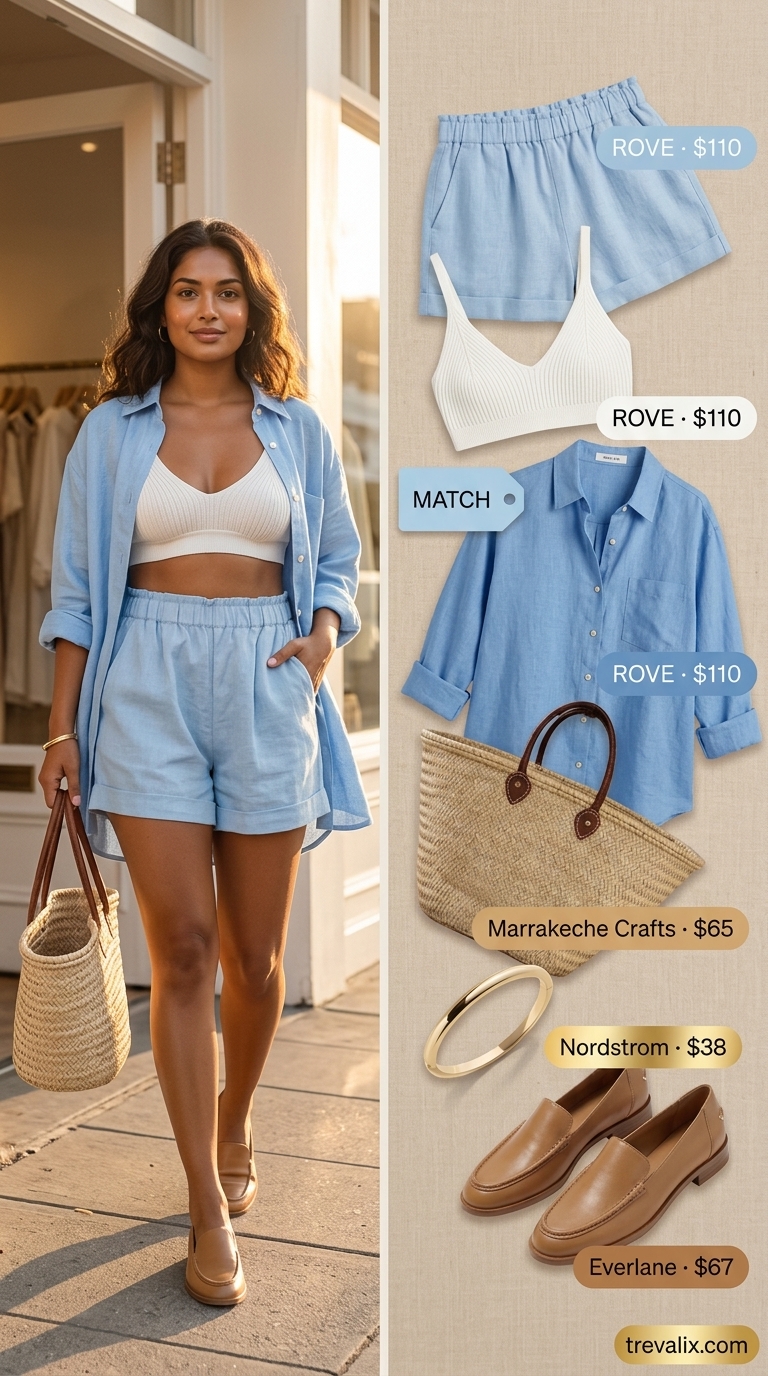 Timeless quiet luxury summer outfits for women 2026: Soft blue linen shorts set with loafers and straw tote.