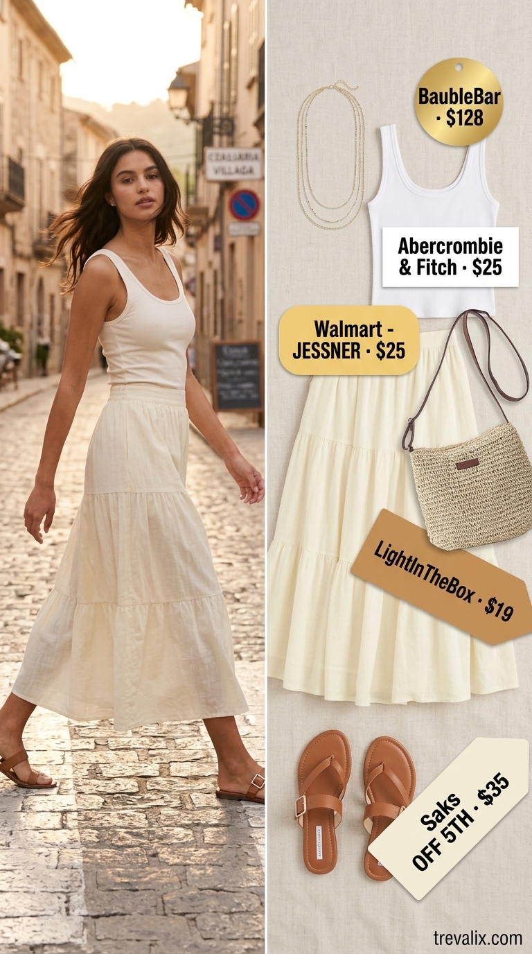 Timeless quiet luxury summer outfits for women 2026: Light beige maxi skirt with white tank and straw bag.