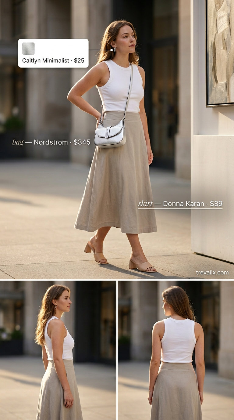 Timeless quiet luxury summer outfits for women 2026: Stone grey midi skirt with white tank and silver accessories.