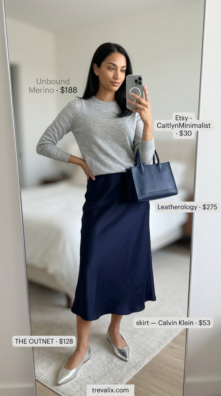 Timeless quiet luxury summer outfits for women 2026: Navy satin midi skirt with grey knit sweater.