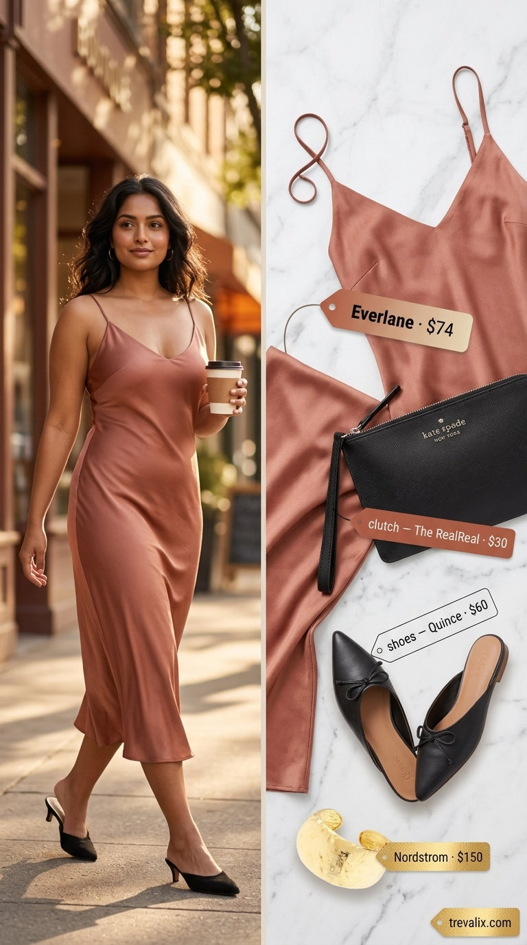 Timeless quiet luxury summer outfits for women 2026: Terracotta silk slip dress for evening dates.