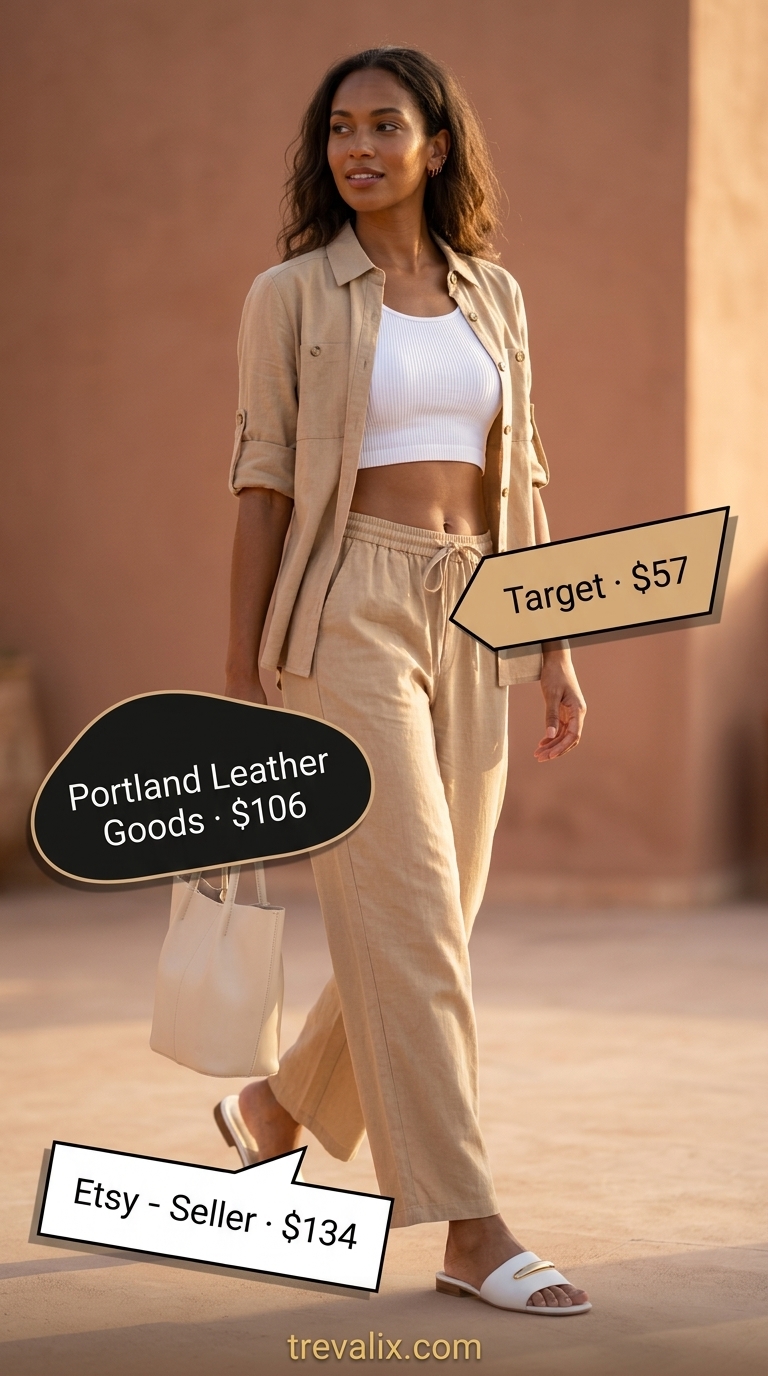 Timeless quiet luxury summer outfit: beige linen co-ord set with white slides & gold jewelry for a sophisticated daytime event.