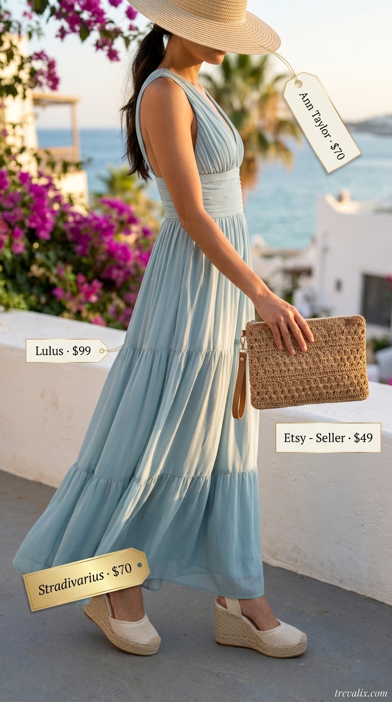 Timeless quiet luxury summer outfit 2026: sky blue maxi dress, straw hat, espadrilles, straw clutch.