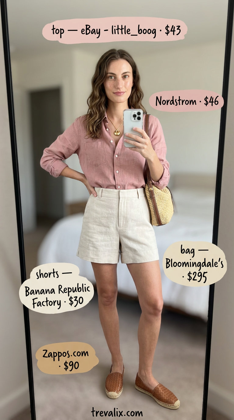 Timeless quiet luxury summer outfit 2026: blush linen shirt, cream shorts, tan espadrilles, straw bag.