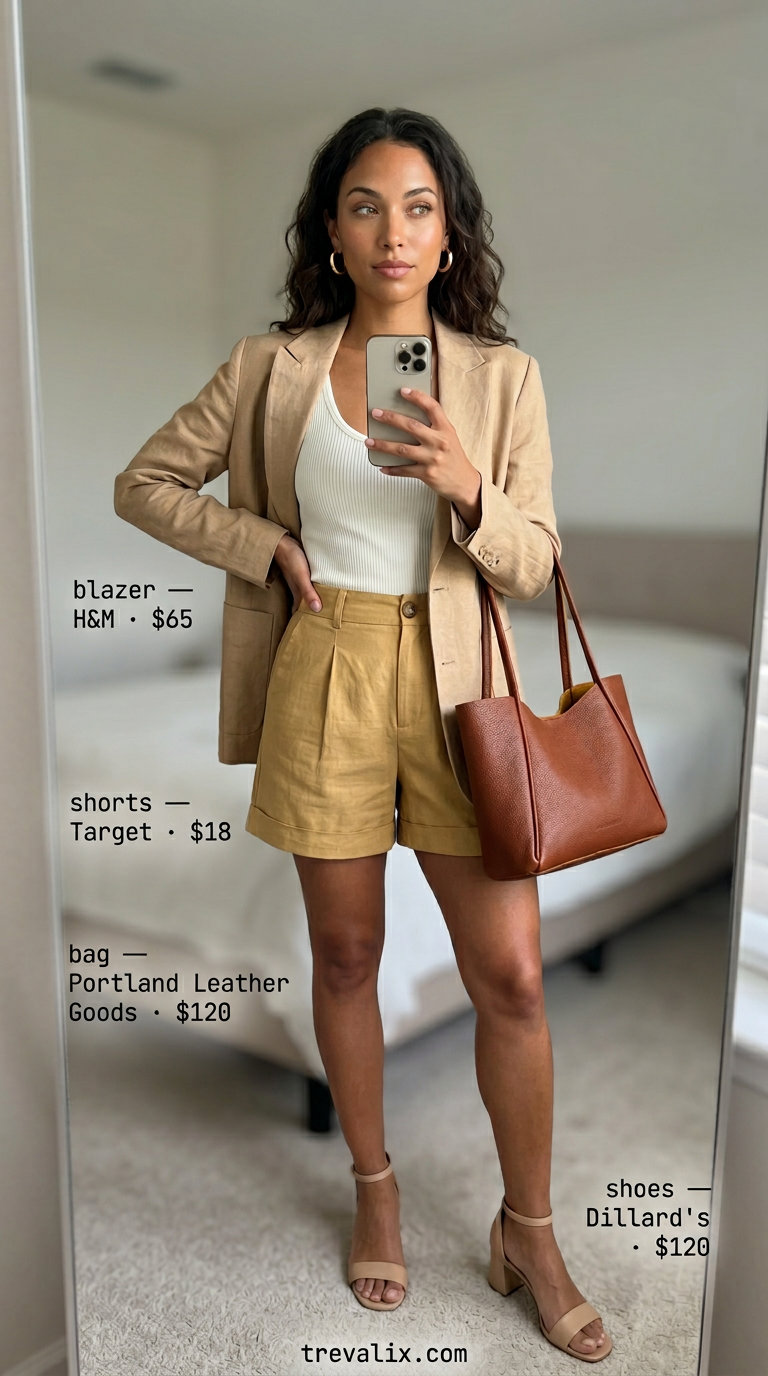 Timeless quiet luxury summer outfit 2026: camel linen shorts, blazer, white knit tank, nude sandals.