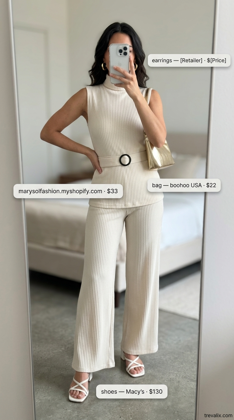 Timeless quiet luxury summer outfit: ecru knit wide-leg pants set with cream heeled sandals & gold statement earrings for evening.