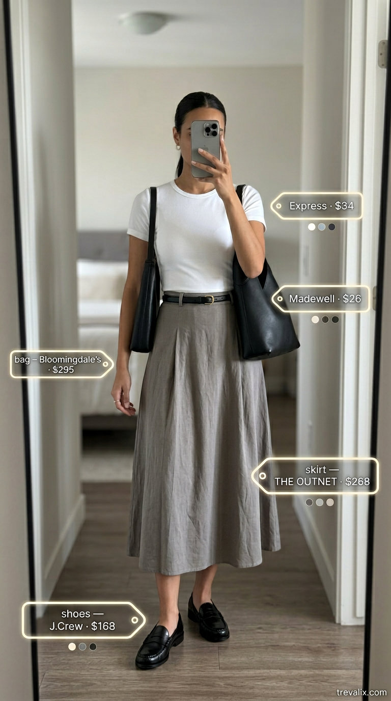 Timeless quiet luxury summer outfit 2026: grey linen skirt, white tee, black loafers, black bag.
