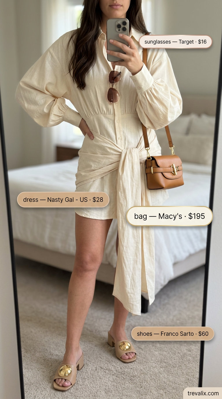 Timeless quiet luxury summer outfit 2026: ivory oversized shirt dress, tan crossbody bag, tan slides.