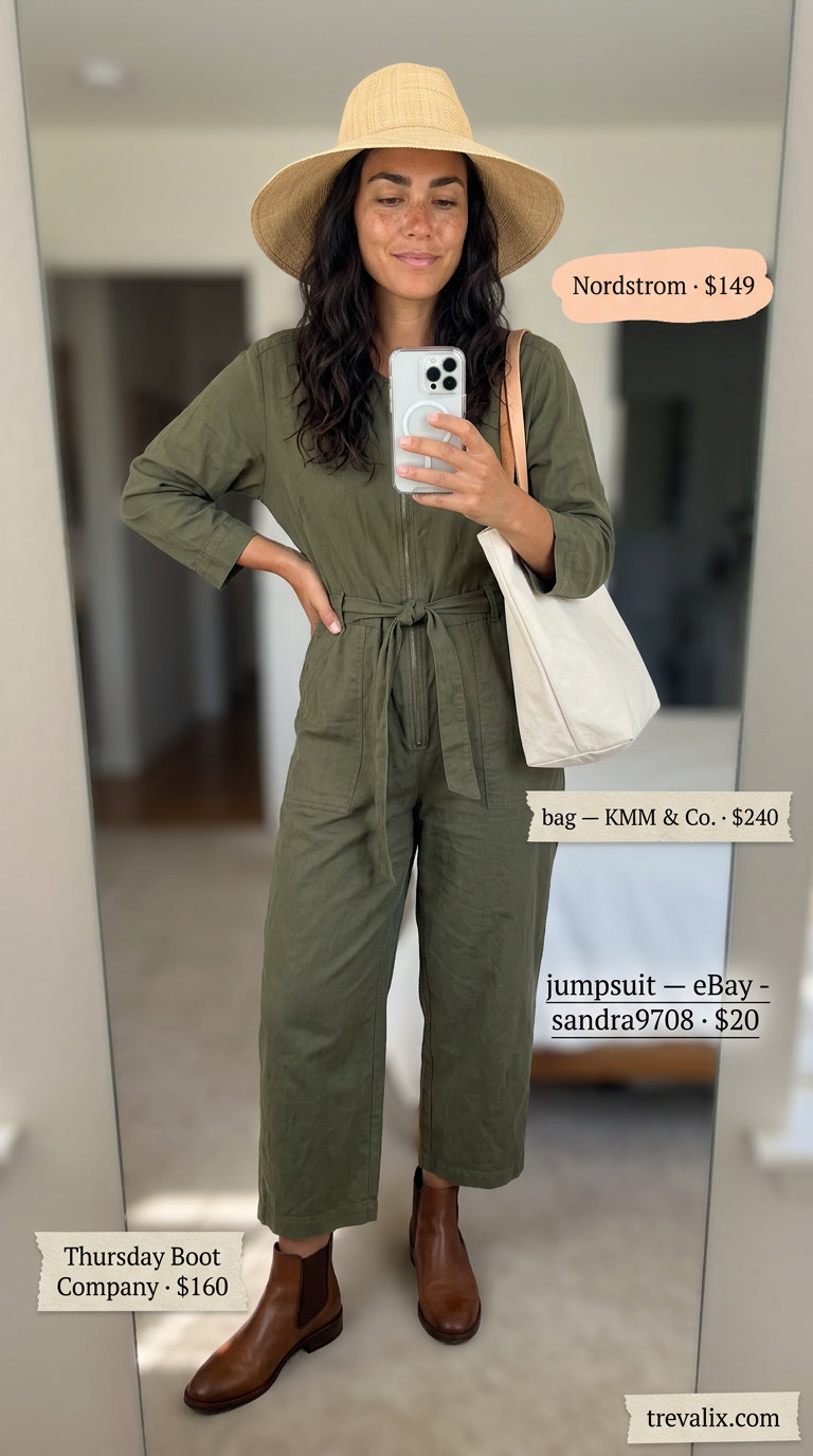 Timeless quiet luxury summer outfit 2026: olive utility jumpsuit, straw hat, tan boots, canvas tote.