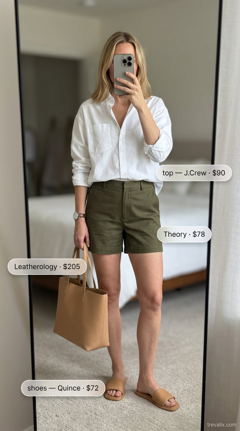 Timeless quiet luxury summer outfit 2026: olive shorts, white shirt, tan tote, tan slides.