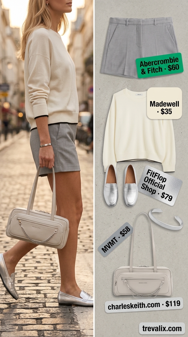 Timeless quiet luxury summer outfit: stone grey linen shorts with cream knit & silver loafers for smart casual or evening events.