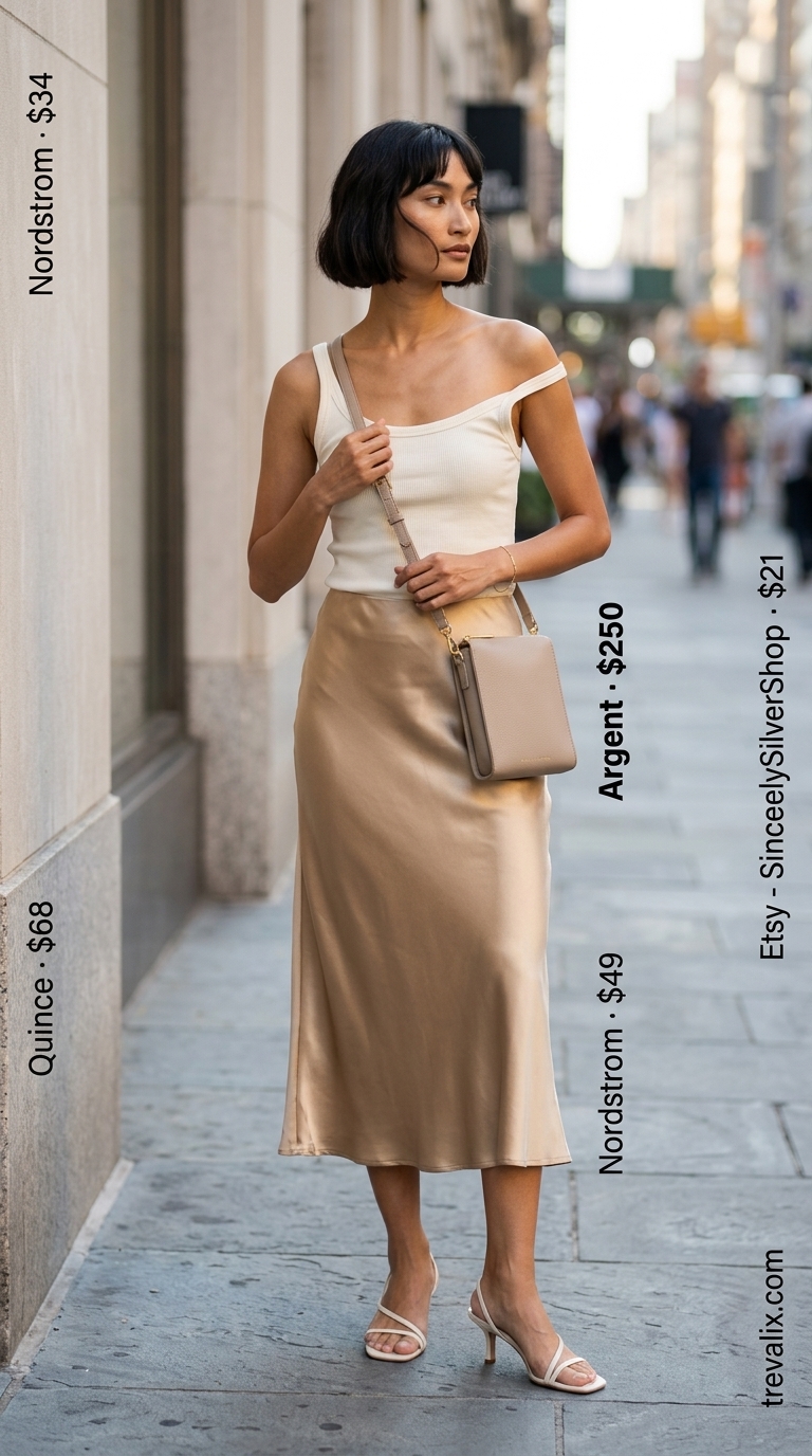 Timeless quiet luxury summer outfit: cream knit top with taupe midi skirt, nude sandals & gold jewelry for an elegant daytime event.