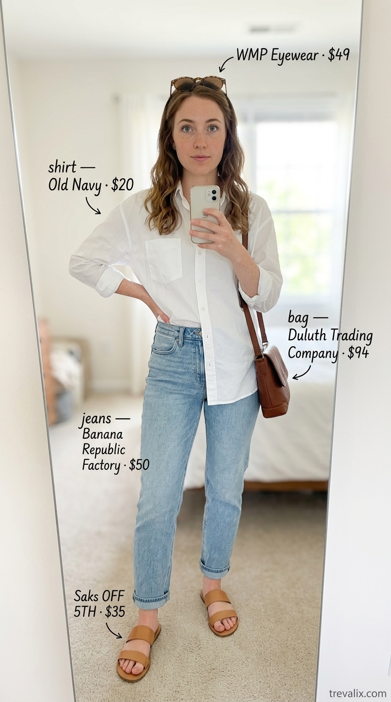 Classic Americana Summer Outfit 2026 Timeless summer basic outfit for women 2026: Medium wash jeans, white button-down, and tan sandals for classic Americana.
