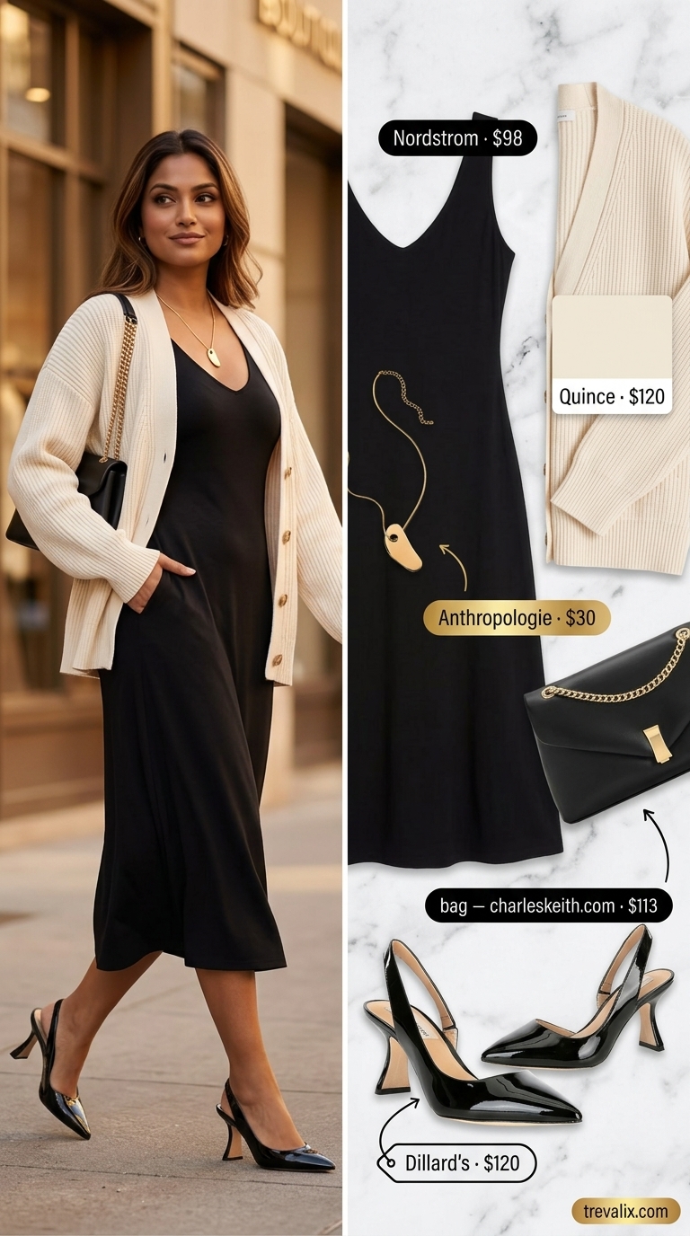 Timeless Summer Basic Outfit for Women 2026: Art Gallery Chic Timeless summer basic outfit for women 2026: Black midi dress, cream cardigan, gold necklace, slingbacks, shoulder bag.