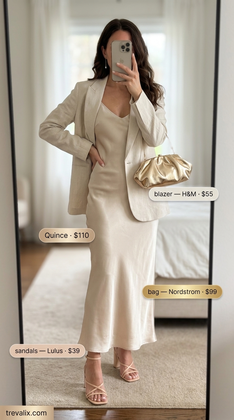 Timeless Summer Basic Outfit for Women 2026: Champagne Sunset Glam Timeless summer basic outfit for women 2026: Champagne slip dress, linen blazer, gold earrings, metallic clutch, heeled sandals.