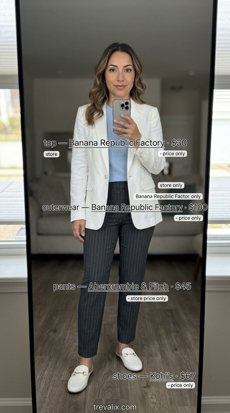 Timeless Summer Basic Outfit for Women 2026: Refined Blue Hues Timeless summer basic outfit for women 2026: Charcoal trousers, powder blue sweater, white blazer, mules, shoulder bag.