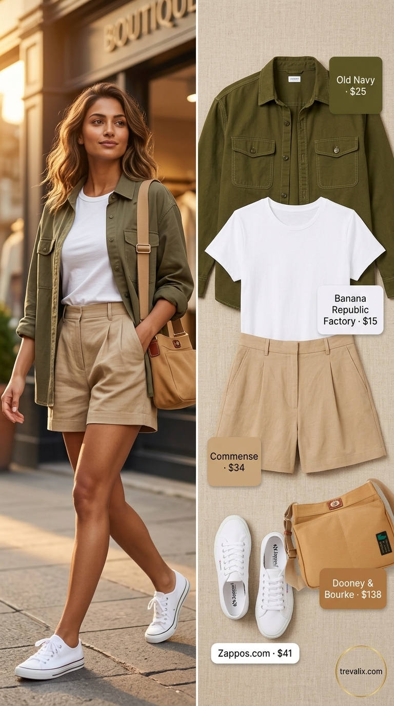 Timeless Summer Basic Outfit 2026: City Break Chic Timeless summer basic outfit for women 2026: Khaki shorts, white tee, olive utility shirt jacket, tan crossbody bag.