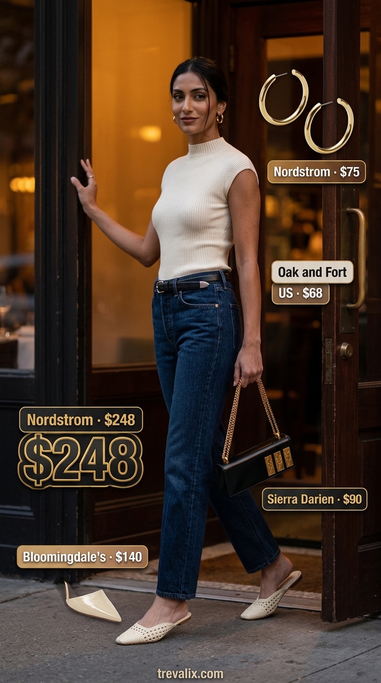 Timeless Summer Basic Outfit 2026: Elevated Denim Timeless summer basic outfit for women 2026: Dark wash jeans, ecru mock neck top, mules, shoulder bag.