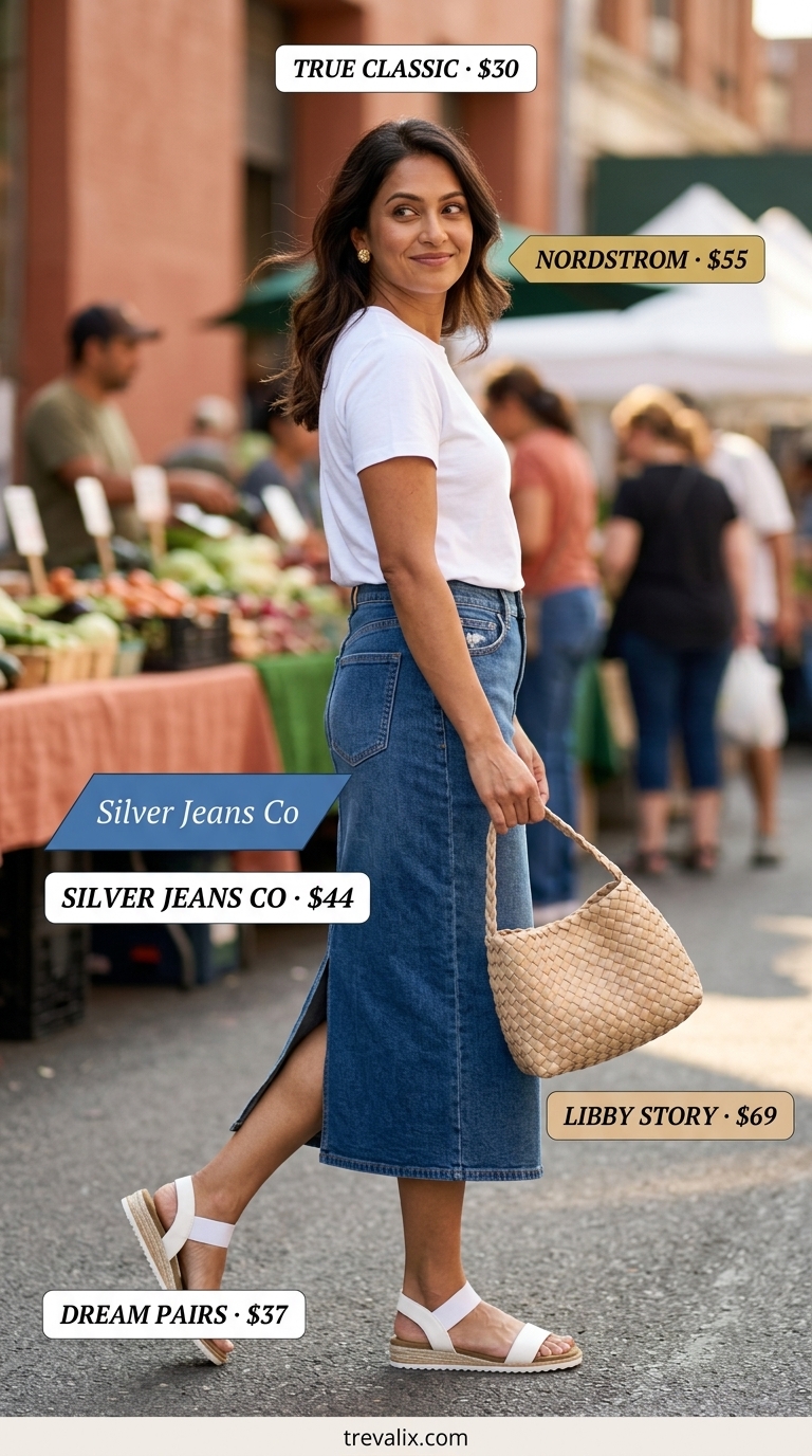 Timeless Summer Basic Outfit 2026: Denim Midi Style Timeless summer basic outfit for women 2026: Denim midi skirt, white tee, raffia bag, espadrilles.