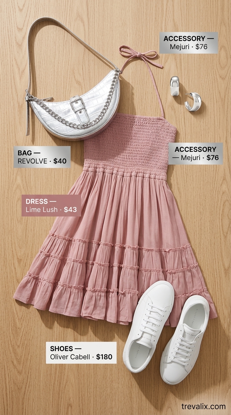 Timeless Summer Basic Outfit for Women 2026: Sweet Sundress Charm Timeless summer basic outfit for women 2026: Dusty rose mini sundress, white sneakers, silver bag, hoop earrings.