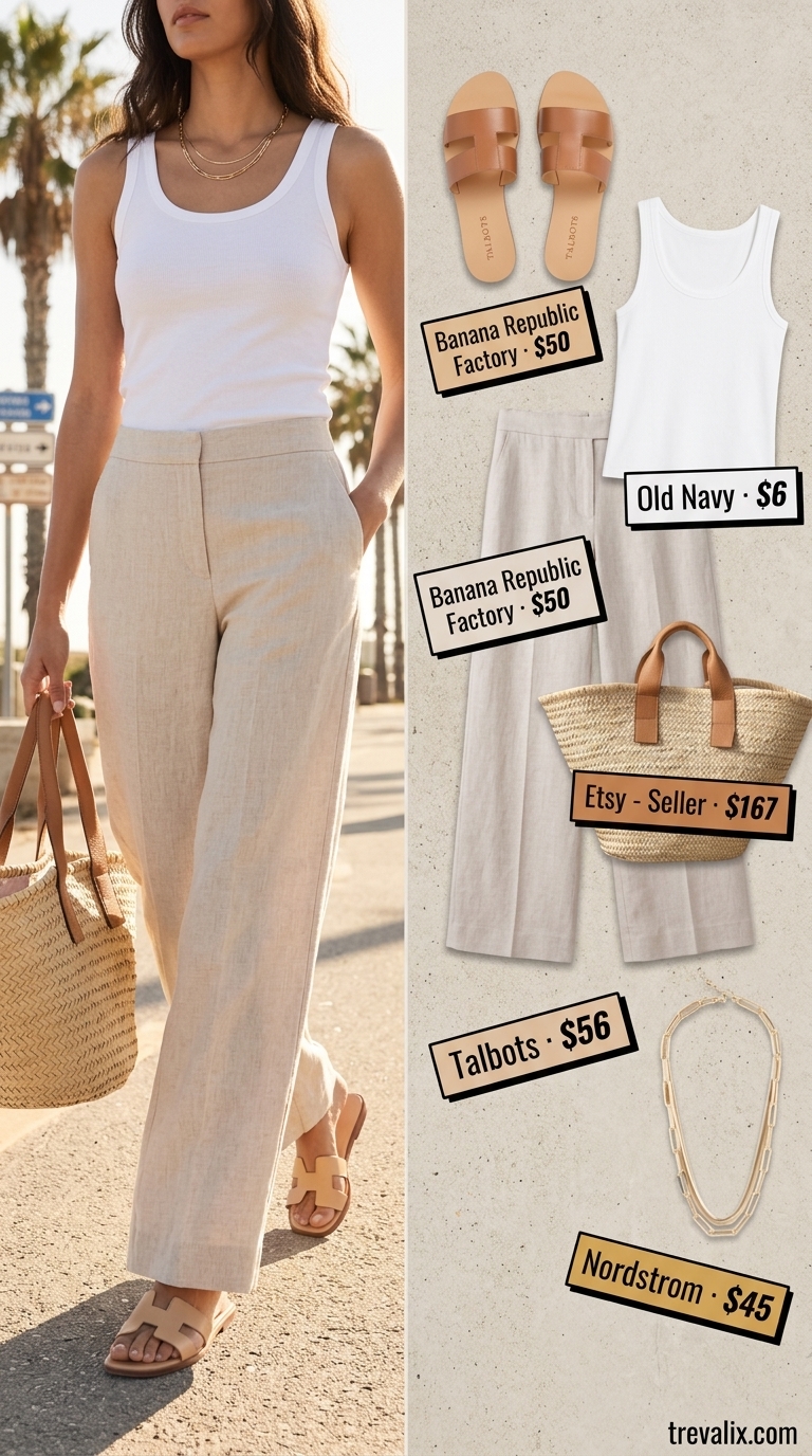 Timeless Summer Basic Outfit 2026: Coastal Linen Timeless summer basic outfit for women 2026: White linen trousers, ribbed tank, straw tote, leather slides.