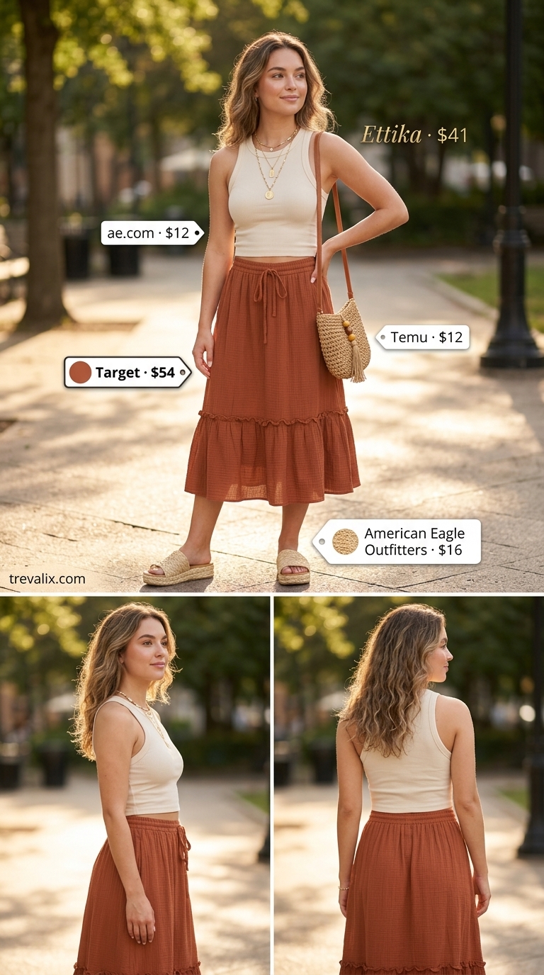 Farmers Market Finds Outfit 2026 Timeless summer basic outfit for women 2026: Terracotta tiered midi skirt, cream tank, and straw bag for a farmers market.