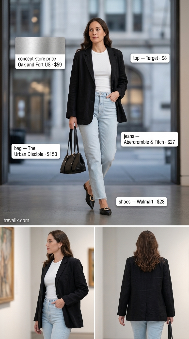 Weekend Gallery Hopper Outfit 2026 Timeless summer basic outfit for women 2026: Denim jeans, white tank, black blazer, and mules for a gallery visit.
