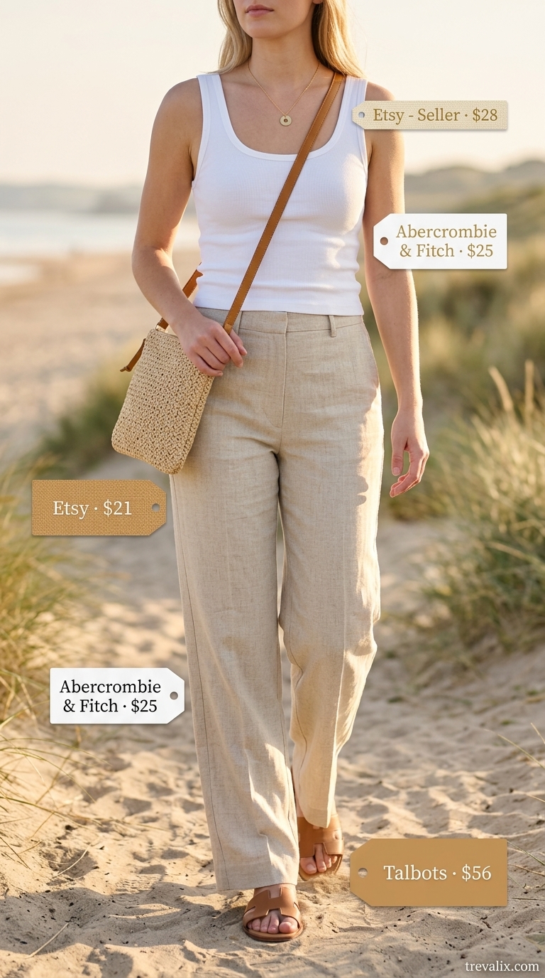 Timeless Summer Basic Outfit 2026: Seaside Linen Timeless summer basic outfit for women 2026: Linen trousers, white ribbed tank, straw bag, leather slides.