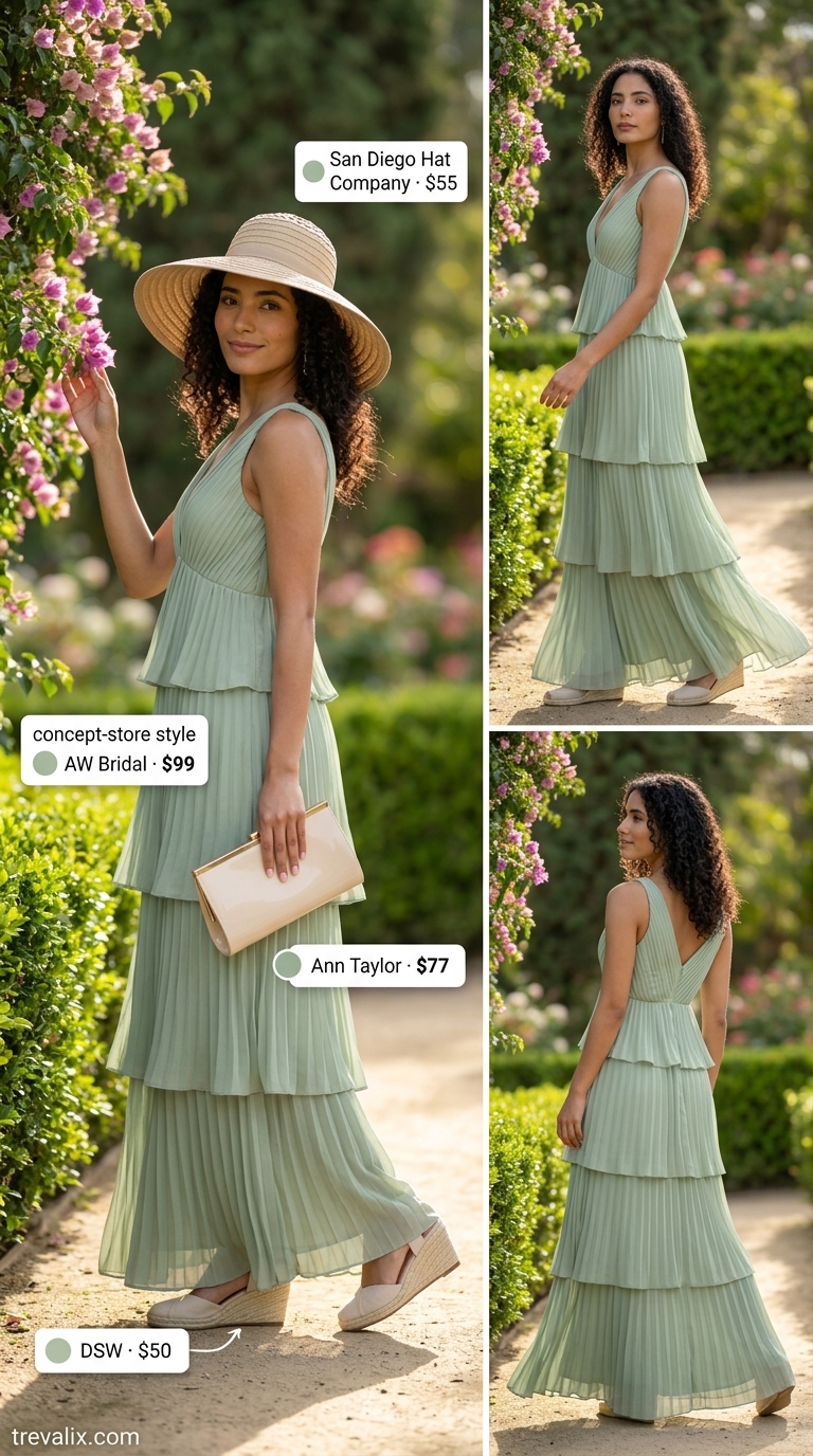 Timeless Summer Basic Outfit 2026: Garden Party Timeless summer basic outfit for women 2026: Sage green maxi dress, straw hat, espadrille wedges.