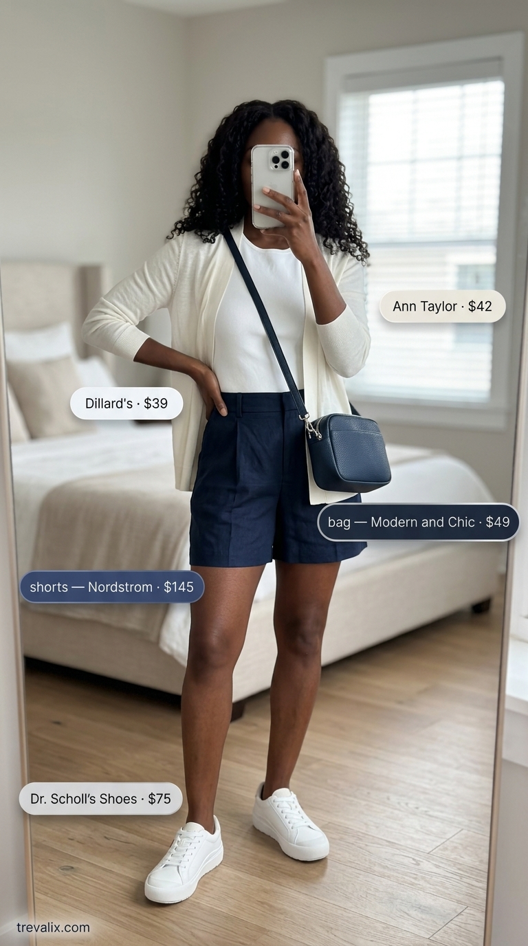 Timeless Summer Basic Outfit for Women 2026: Navy & White City Escape Timeless summer basic outfit for women 2026: Navy linen shorts, white knit top, cardigan, sneakers, crossbody bag.