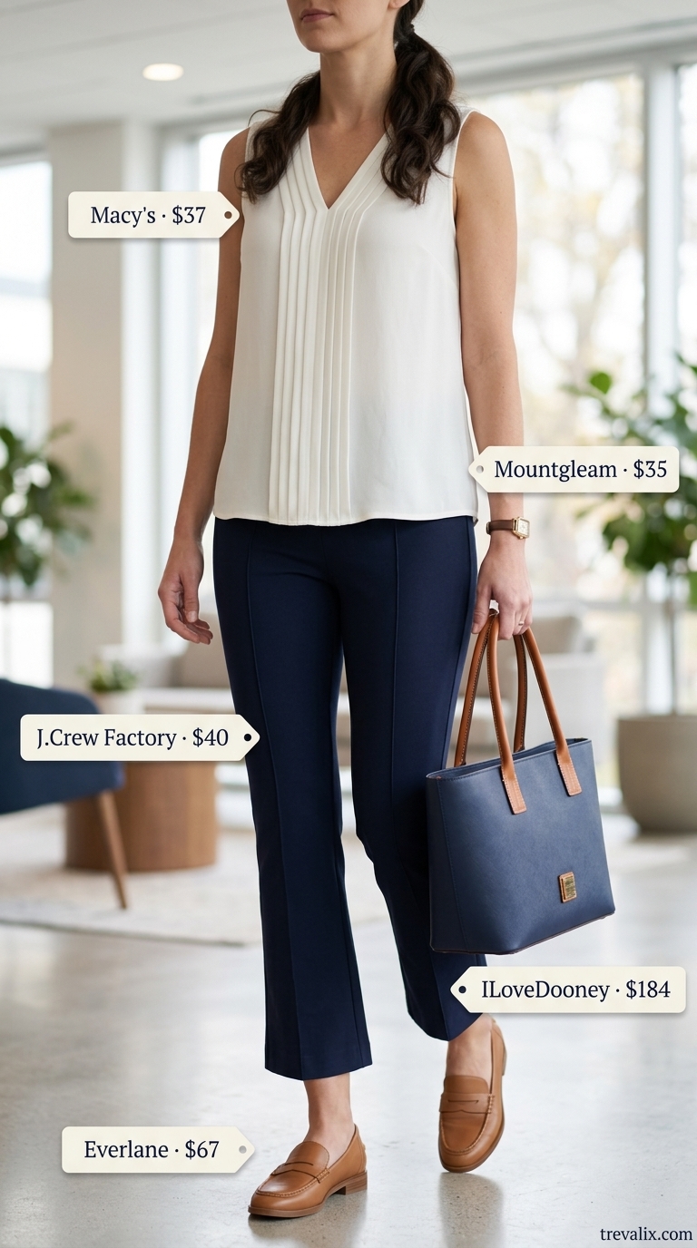 Timeless Summer Basic Outfit 2026: Smart Casual Office Timeless summer basic outfit for women 2026: Navy trousers, off-white blouse, leather loafers, tote bag.