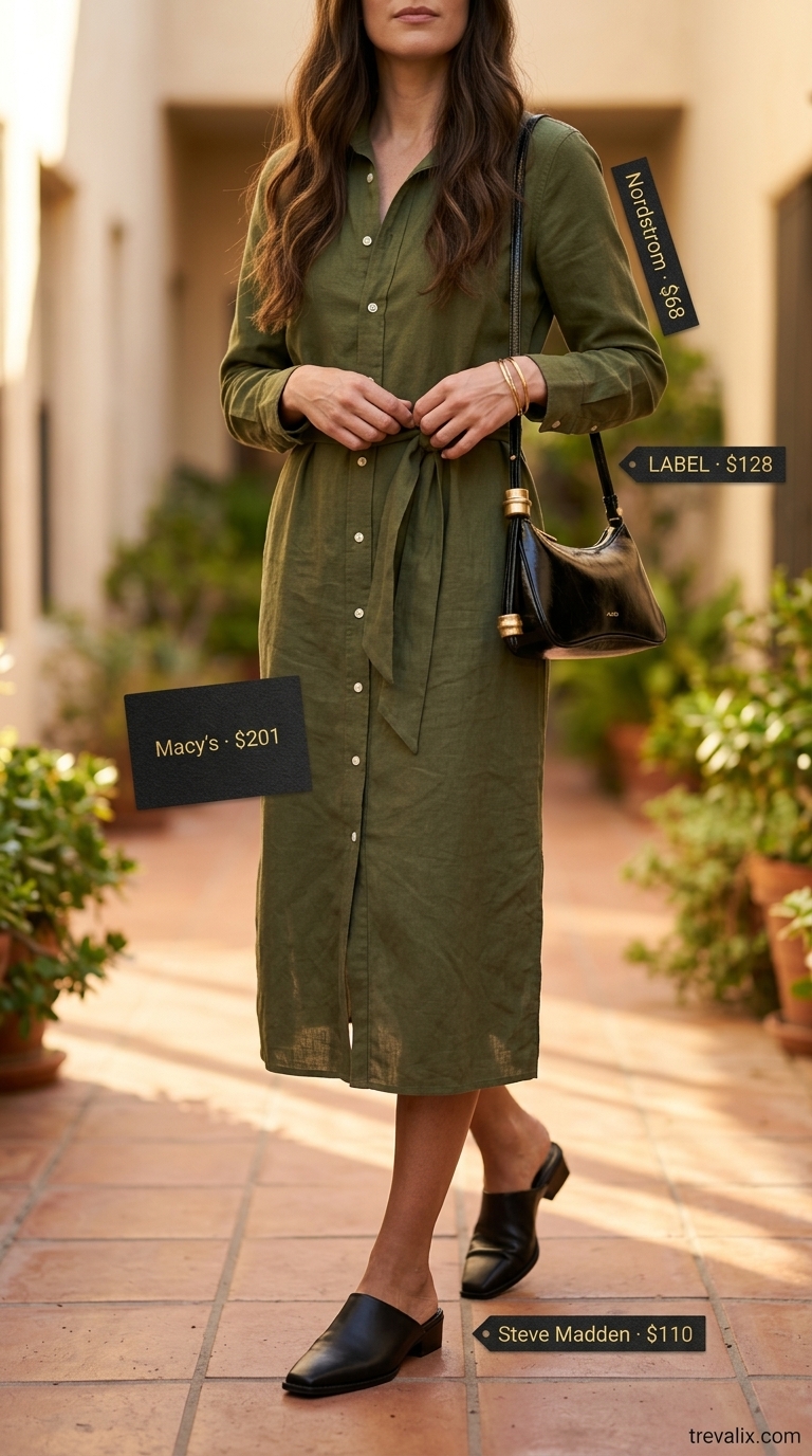 Timeless Summer Basic Outfit for Women 2026: Olive Grove Chic Timeless summer basic outfit for women 2026: Olive green shirt dress, black mules, gold bangles, structured bag.