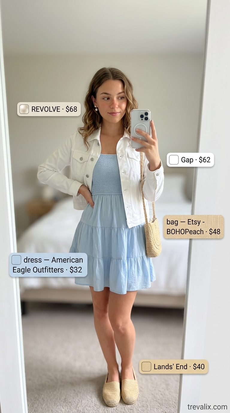 Timeless Summer Basic Outfit for Women 2026: Casual Gathering Style Timeless summer basic outfit for women 2026: Pastel blue sundress, white denim jacket, pearl earrings, straw bag, espadrilles.