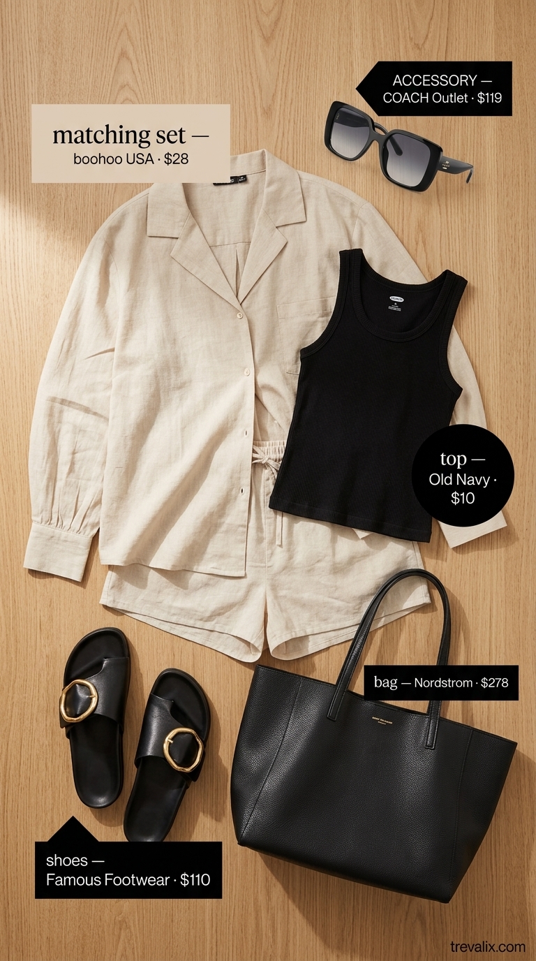 Resort Lounge Ready Outfit 2026 Timeless summer basic outfit for women 2026: Sand beige linen set with black tank and sandals for resort lounging.