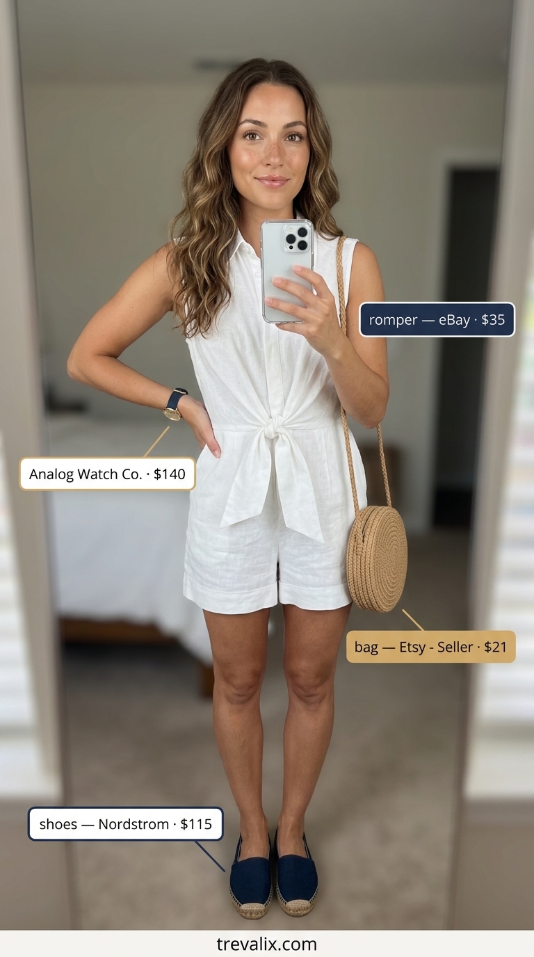 Preppy Seaside Charm Outfit 2026 Timeless summer basic outfit for women 2026: White linen romper, navy espadrilles, and straw bag for seaside charm.
