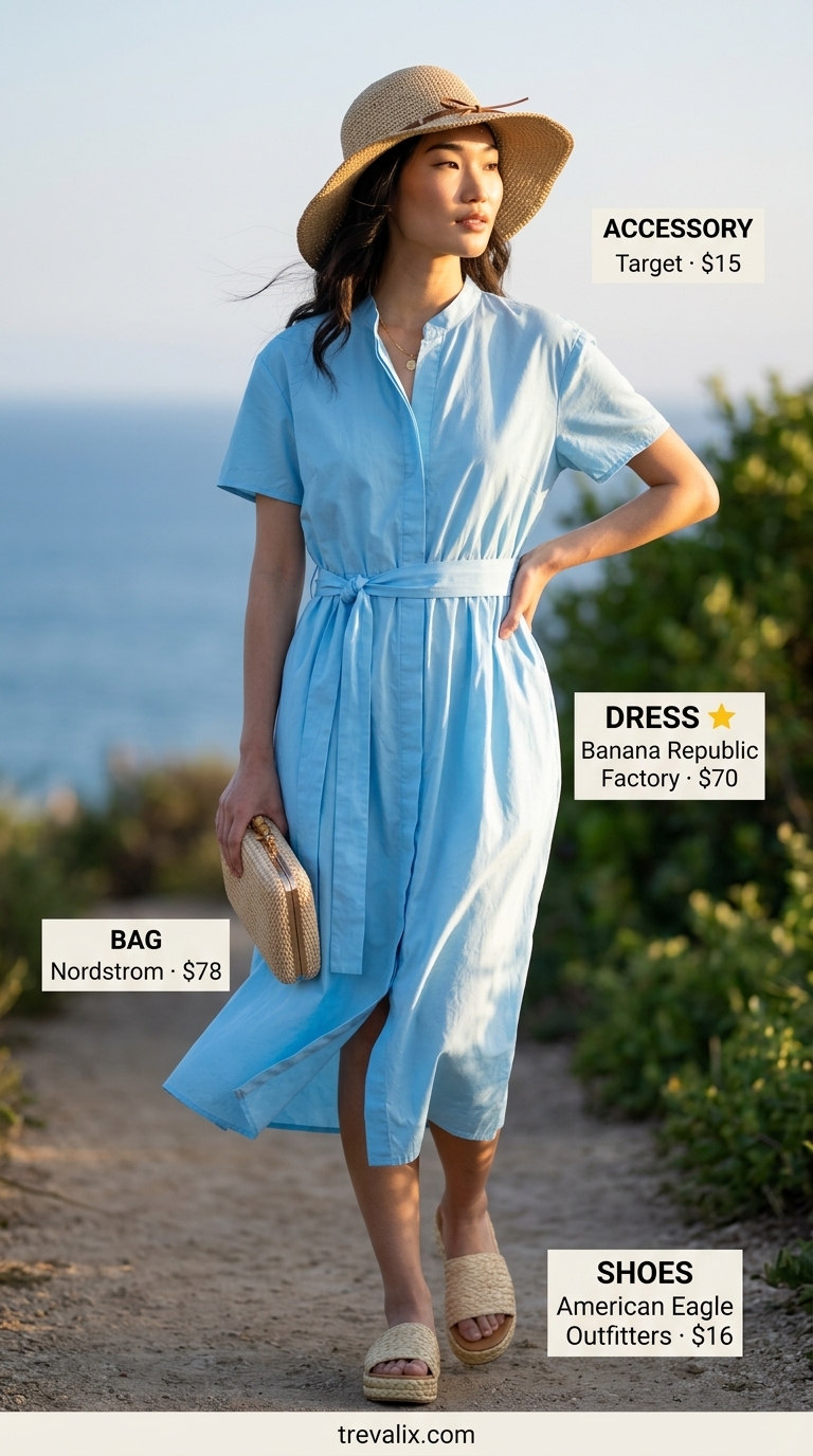 Timeless Summer Basic Outfit for Women 2026: Breezy Resort Elegance Timeless summer basic outfit for women 2026: Sky blue oversized shirt dress, straw hat, clutch, espadrille slides.