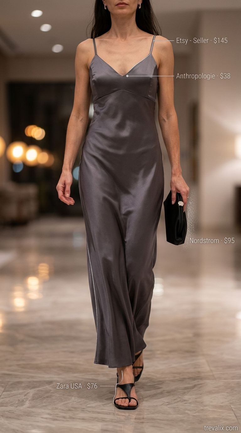 Sleek Summer Evening Outfit 2026 Timeless summer basic outfit for women 2026: Charcoal gray silk slip maxi dress with silver drop earrings for evening cocktails.
