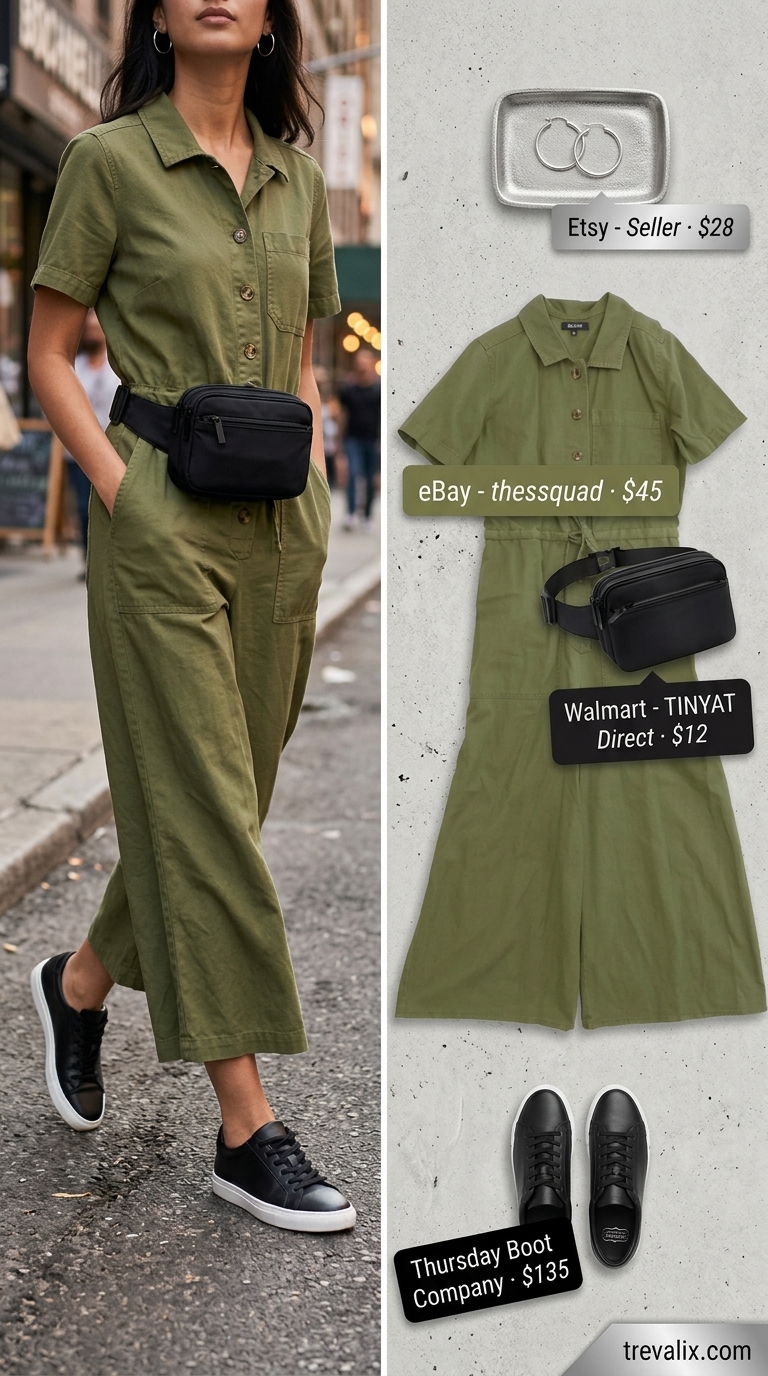 Urban Explorer Jumpsuit Outfit 2026 Timeless summer basic outfit for women 2026: Olive green utility jumpsuit with white sneakers and black belt bag.