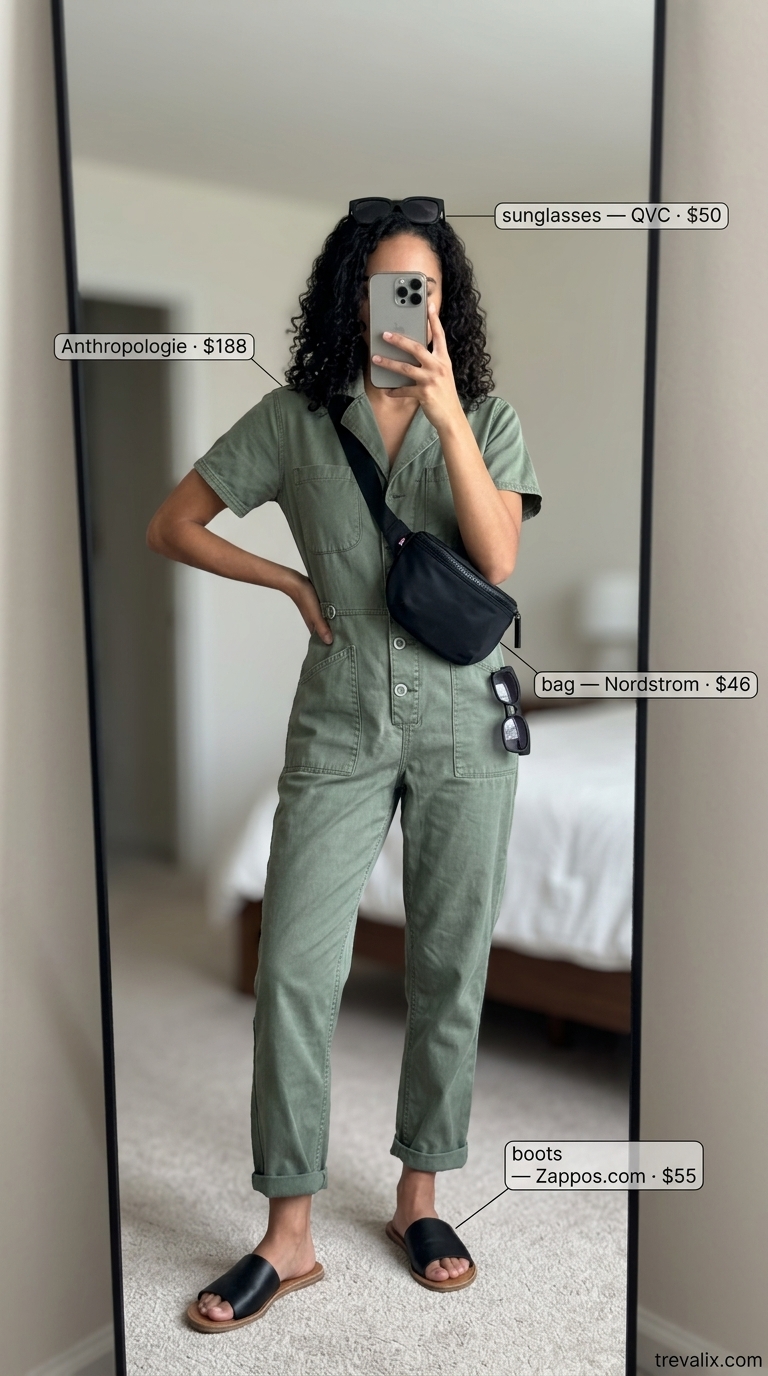 Utility Chic Adventure Outfit 2026 Timeless summer basic outfit for women 2026: Khaki utility jumpsuit with black belt bag and leather sandals for a weekend getaway.