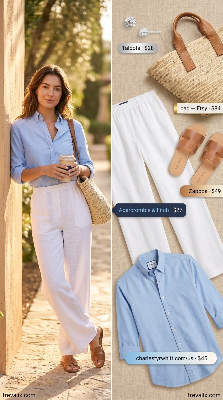 Timeless Summer Basic Outfit for Women 2026: Coastal Brunch Style Timeless summer basic outfit for women 2026: White linen pants, sky blue shirt, straw tote, leather slides, silver earrings.