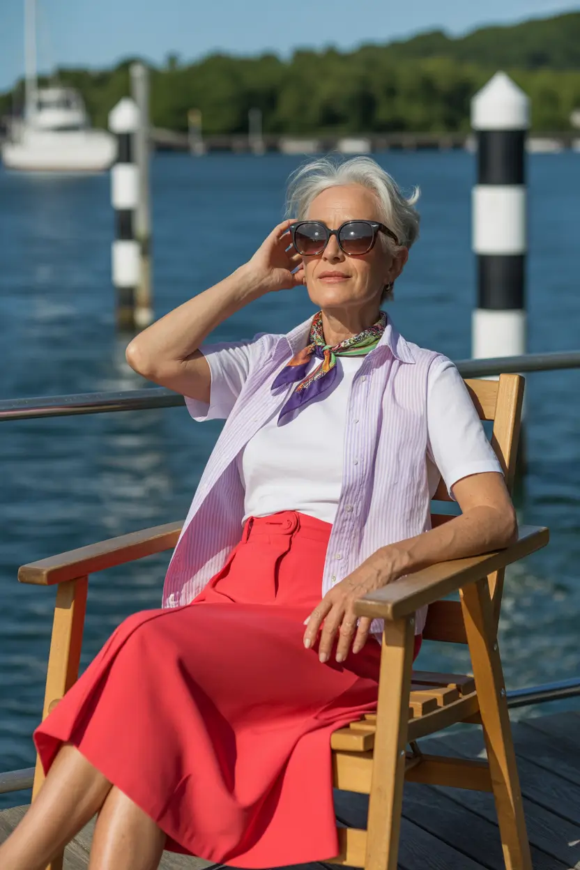Timeless summer outfit for women over 50 2026 Polished Coastal Confidence with a Pop of Color