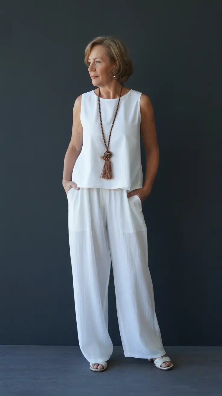 Timeless summer outfit for women over 50 2026 All White Minimalism That Feels Fresh Every Single Time